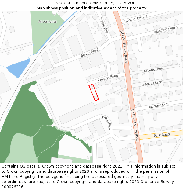 11, KROONER ROAD, CAMBERLEY, GU15 2QP: Location map and indicative extent of plot