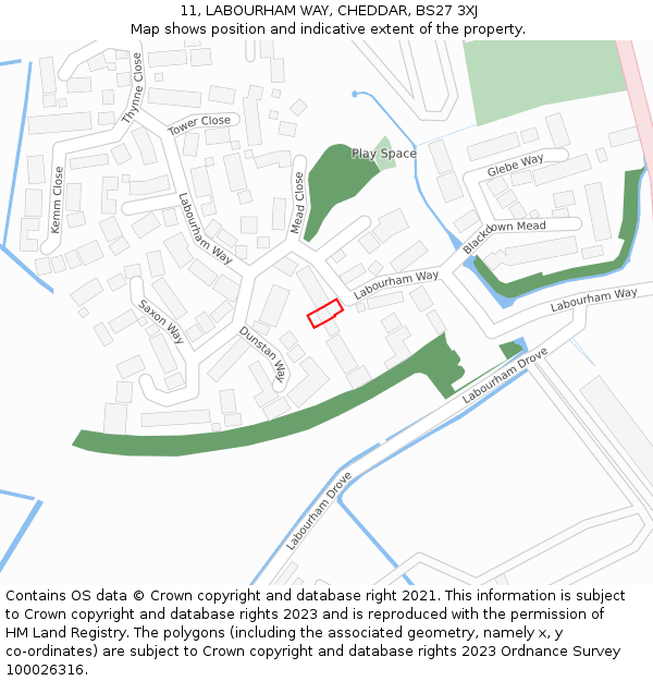 11, LABOURHAM WAY, CHEDDAR, BS27 3XJ: Location map and indicative extent of plot