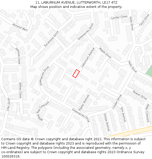 11, LABURNUM AVENUE, LUTTERWORTH, LE17 4TZ: Location map and indicative extent of plot