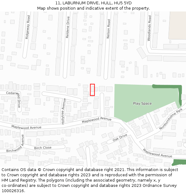 11, LABURNUM DRIVE, HULL, HU5 5YD: Location map and indicative extent of plot