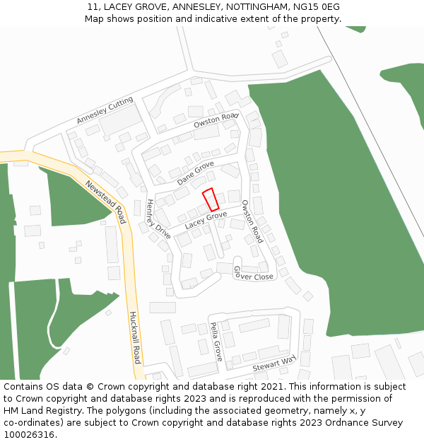 11, LACEY GROVE, ANNESLEY, NOTTINGHAM, NG15 0EG: Location map and indicative extent of plot