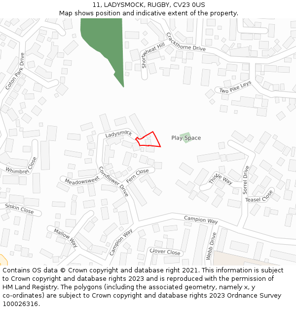 11, LADYSMOCK, RUGBY, CV23 0US: Location map and indicative extent of plot