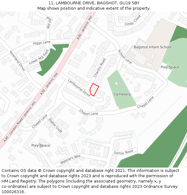 11, LAMBOURNE DRIVE, BAGSHOT, GU19 5BY: Location map and indicative extent of plot