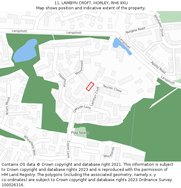 11, LAMBYN CROFT, HORLEY, RH6 9XU: Location map and indicative extent of plot