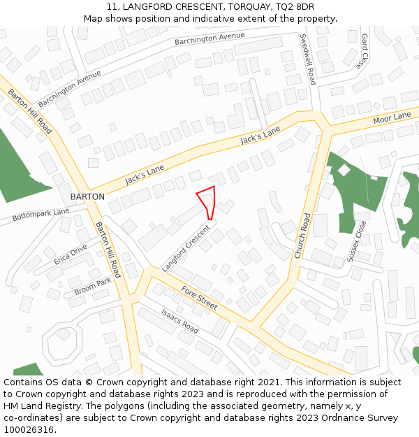 11, LANGFORD CRESCENT, TORQUAY, TQ2 8DR: Location map and indicative extent of plot