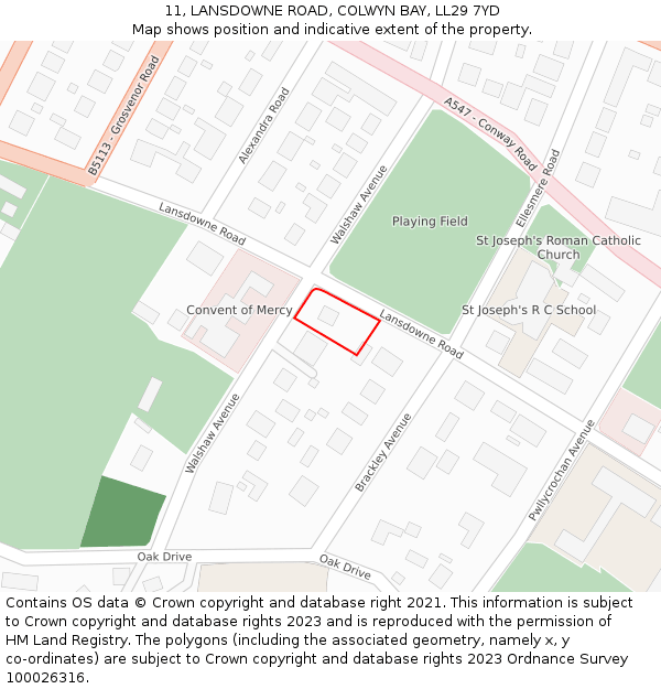 11, LANSDOWNE ROAD, COLWYN BAY, LL29 7YD: Location map and indicative extent of plot