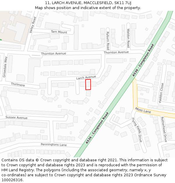 11, LARCH AVENUE, MACCLESFIELD, SK11 7UJ: Location map and indicative extent of plot