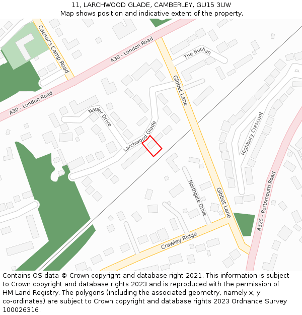 11, LARCHWOOD GLADE, CAMBERLEY, GU15 3UW: Location map and indicative extent of plot