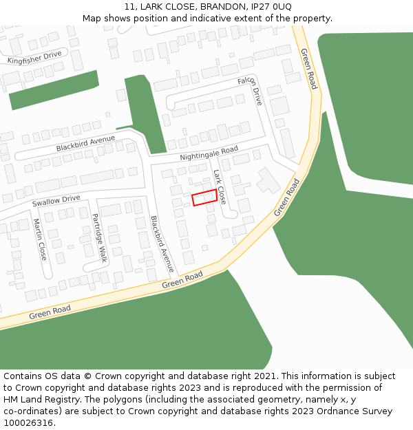 11, LARK CLOSE, BRANDON, IP27 0UQ: Location map and indicative extent of plot