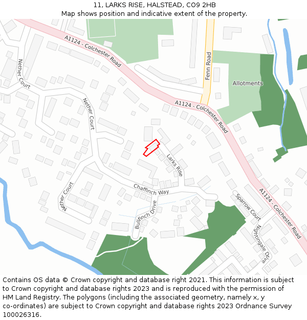 11, LARKS RISE, HALSTEAD, CO9 2HB: Location map and indicative extent of plot