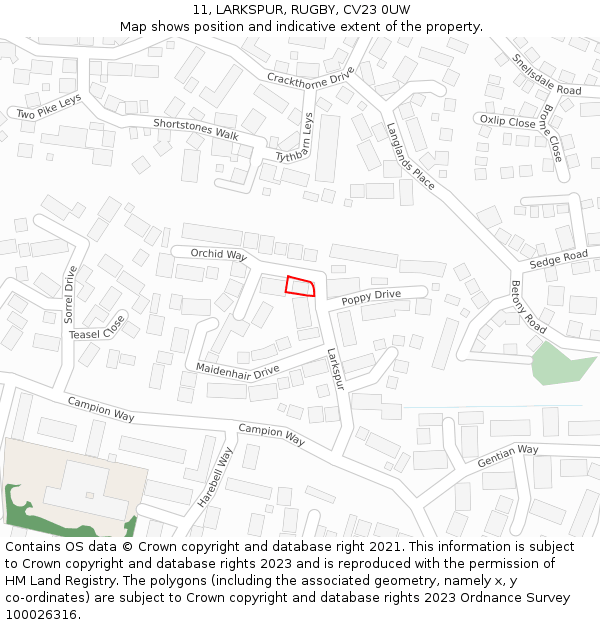 11, LARKSPUR, RUGBY, CV23 0UW: Location map and indicative extent of plot