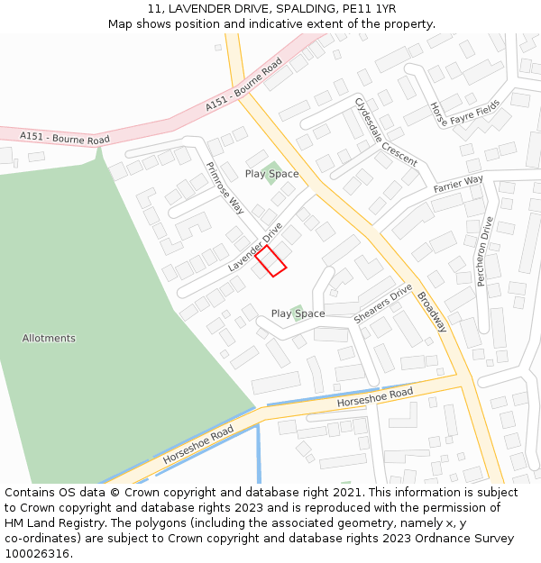 11, LAVENDER DRIVE, SPALDING, PE11 1YR: Location map and indicative extent of plot