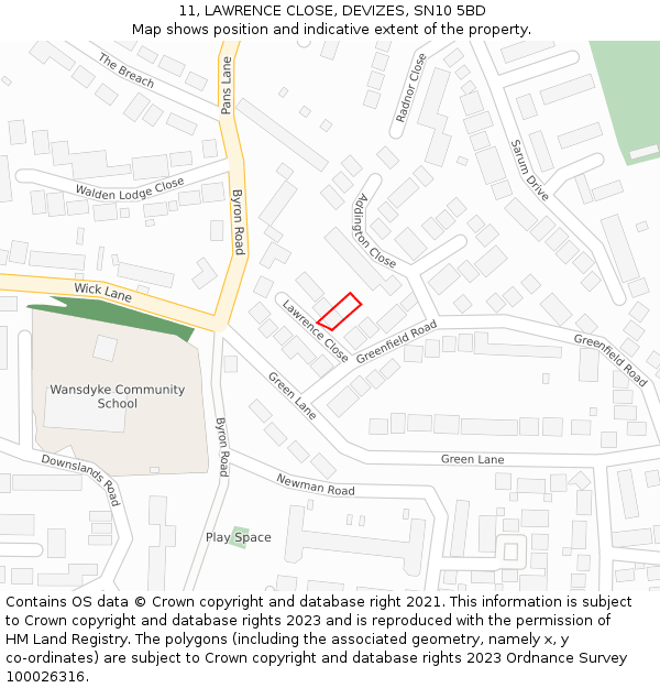 11, LAWRENCE CLOSE, DEVIZES, SN10 5BD: Location map and indicative extent of plot