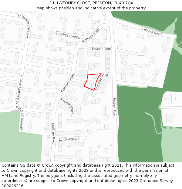 11, LAZONBY CLOSE, PRENTON, CH43 7QX: Location map and indicative extent of plot