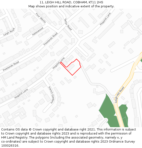 11, LEIGH HILL ROAD, COBHAM, KT11 2HS: Location map and indicative extent of plot