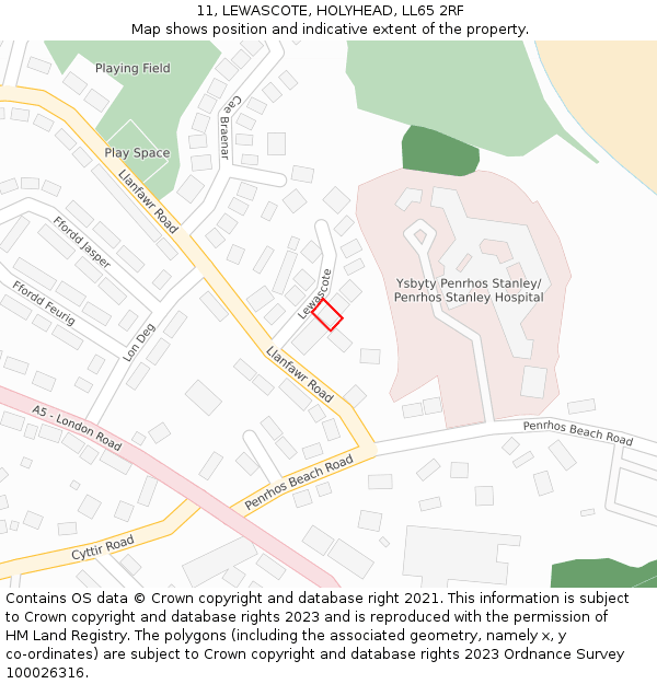 11, LEWASCOTE, HOLYHEAD, LL65 2RF: Location map and indicative extent of plot