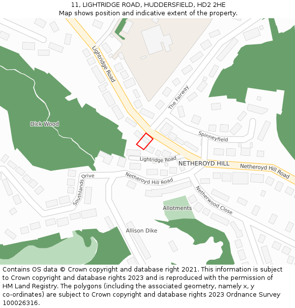 11, LIGHTRIDGE ROAD, HUDDERSFIELD, HD2 2HE: Location map and indicative extent of plot