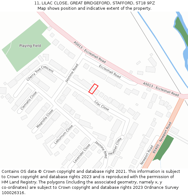 11, LILAC CLOSE, GREAT BRIDGEFORD, STAFFORD, ST18 9PZ: Location map and indicative extent of plot