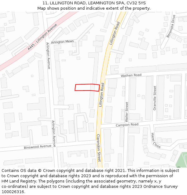 11, LILLINGTON ROAD, LEAMINGTON SPA, CV32 5YS: Location map and indicative extent of plot