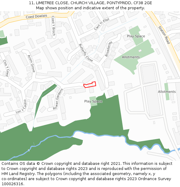 11, LIMETREE CLOSE, CHURCH VILLAGE, PONTYPRIDD, CF38 2GE: Location map and indicative extent of plot