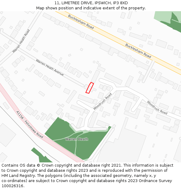 11, LIMETREE DRIVE, IPSWICH, IP3 8XD: Location map and indicative extent of plot