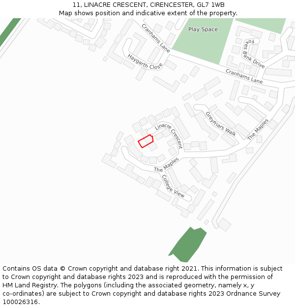 11, LINACRE CRESCENT, CIRENCESTER, GL7 1WB: Location map and indicative extent of plot