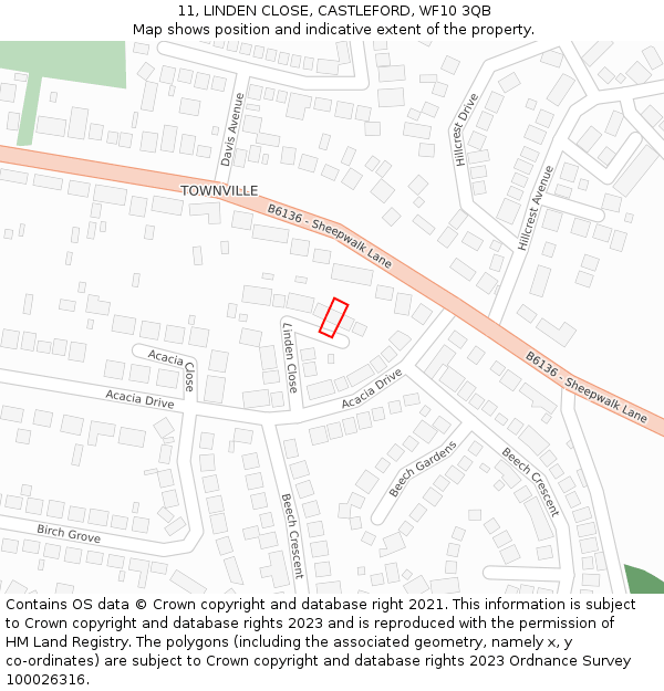 11, LINDEN CLOSE, CASTLEFORD, WF10 3QB: Location map and indicative extent of plot