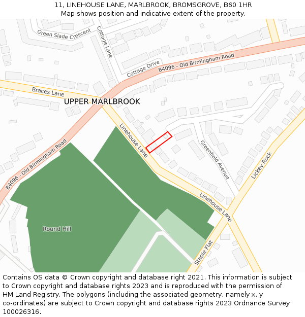 11, LINEHOUSE LANE, MARLBROOK, BROMSGROVE, B60 1HR: Location map and indicative extent of plot