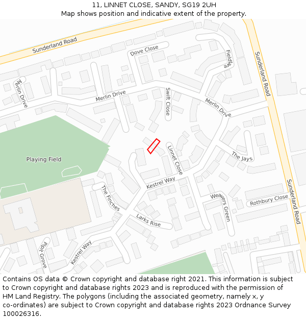 11, LINNET CLOSE, SANDY, SG19 2UH: Location map and indicative extent of plot