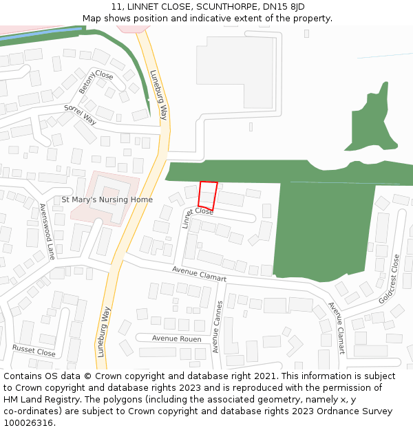 11, LINNET CLOSE, SCUNTHORPE, DN15 8JD: Location map and indicative extent of plot