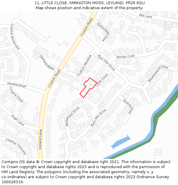 11, LITTLE CLOSE, FARINGTON MOSS, LEYLAND, PR26 6QU: Location map and indicative extent of plot