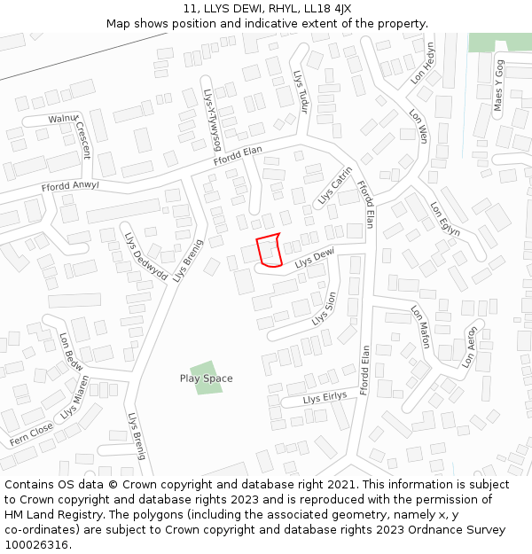 11, LLYS DEWI, RHYL, LL18 4JX: Location map and indicative extent of plot