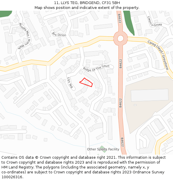 11, LLYS TEG, BRIDGEND, CF31 5BH: Location map and indicative extent of plot