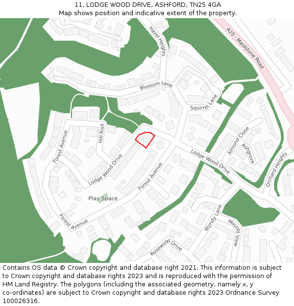 11, LODGE WOOD DRIVE, ASHFORD, TN25 4GA: Location map and indicative extent of plot
