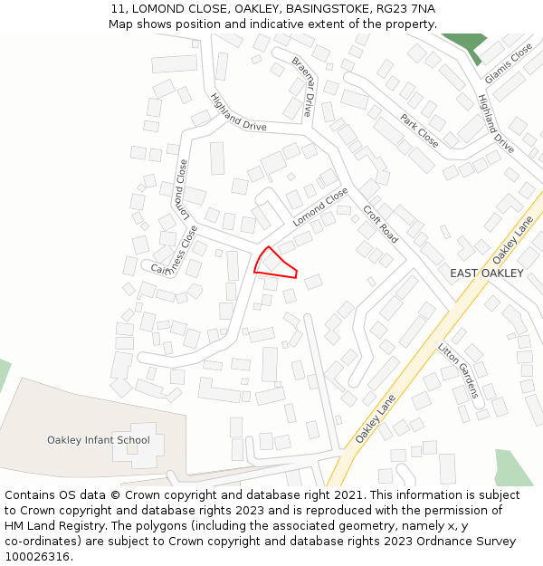 11, LOMOND CLOSE, OAKLEY, BASINGSTOKE, RG23 7NA: Location map and indicative extent of plot