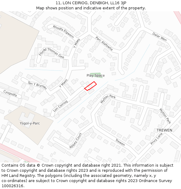 11, LON CEIRIOG, DENBIGH, LL16 3JP: Location map and indicative extent of plot