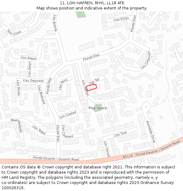 11, LON HAFREN, RHYL, LL18 4FE: Location map and indicative extent of plot
