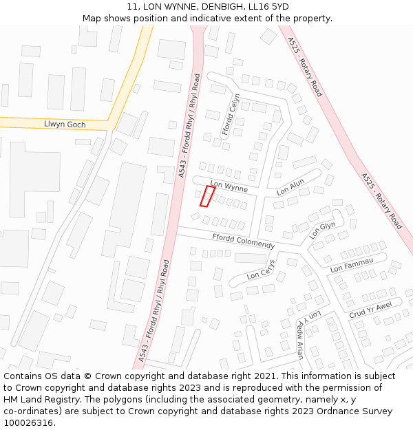 11, LON WYNNE, DENBIGH, LL16 5YD: Location map and indicative extent of plot