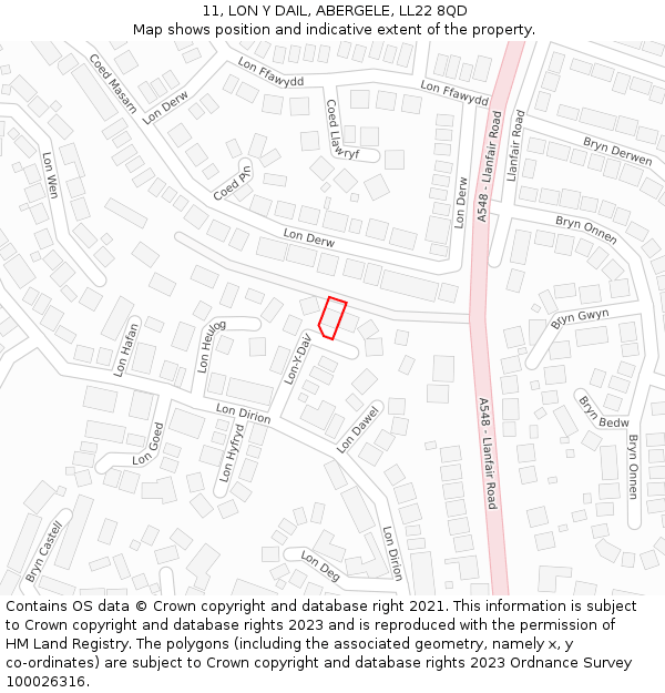 11, LON Y DAIL, ABERGELE, LL22 8QD: Location map and indicative extent of plot