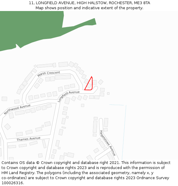 11, LONGFIELD AVENUE, HIGH HALSTOW, ROCHESTER, ME3 8TA: Location map and indicative extent of plot