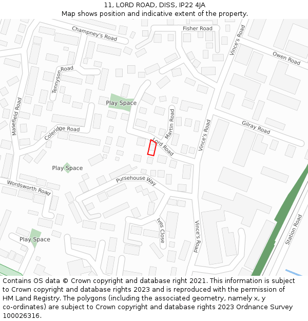 11, LORD ROAD, DISS, IP22 4JA: Location map and indicative extent of plot