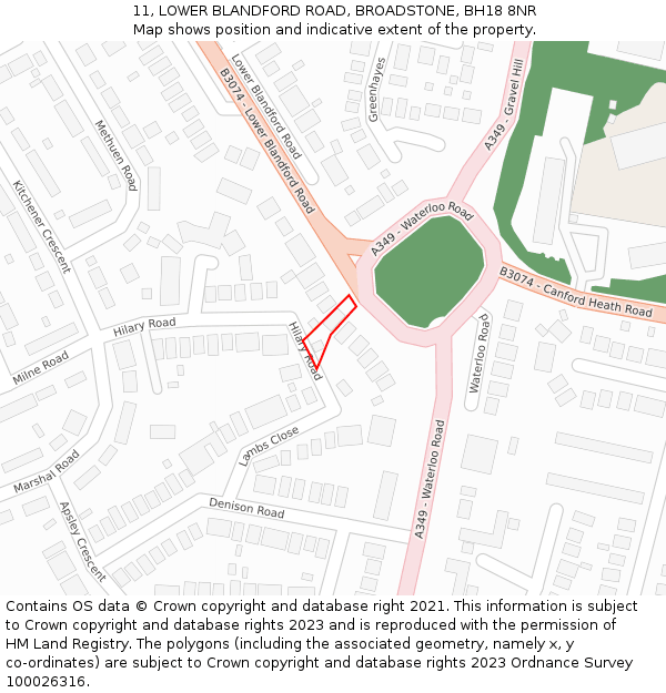 11, LOWER BLANDFORD ROAD, BROADSTONE, BH18 8NR: Location map and indicative extent of plot