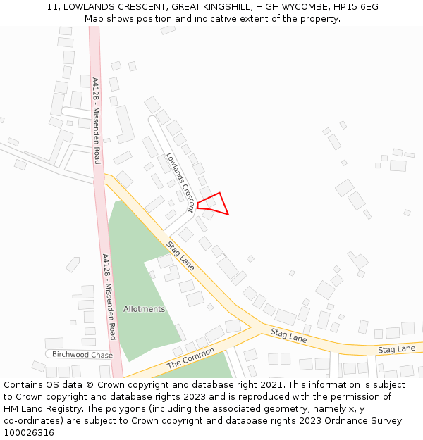 11, LOWLANDS CRESCENT, GREAT KINGSHILL, HIGH WYCOMBE, HP15 6EG: Location map and indicative extent of plot