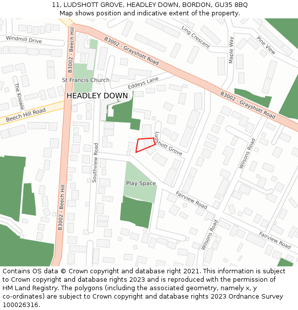 11, LUDSHOTT GROVE, HEADLEY DOWN, BORDON, GU35 8BQ: Location map and indicative extent of plot