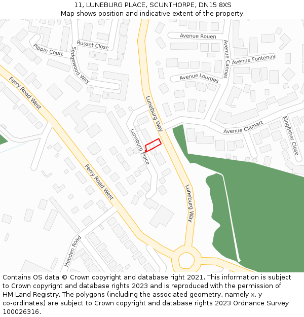 11, LUNEBURG PLACE, SCUNTHORPE, DN15 8XS: Location map and indicative extent of plot