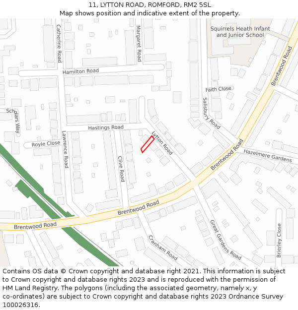 11, LYTTON ROAD, ROMFORD, RM2 5SL: Location map and indicative extent of plot