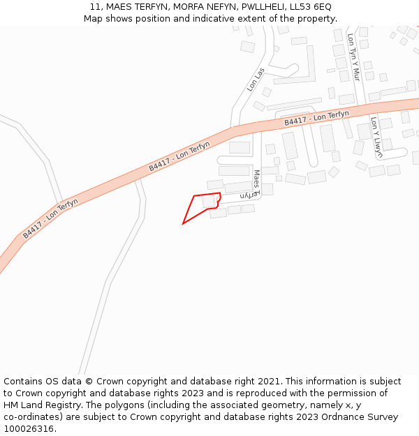 11, MAES TERFYN, MORFA NEFYN, PWLLHELI, LL53 6EQ: Location map and indicative extent of plot