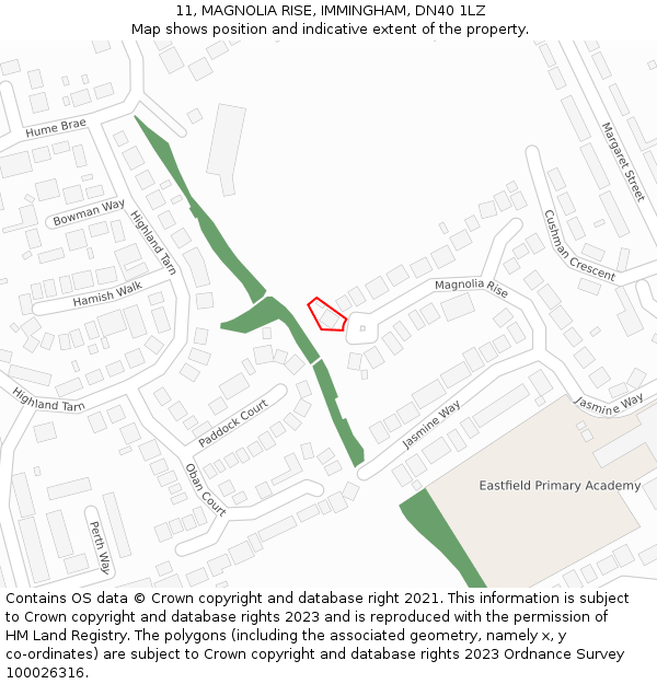 11, MAGNOLIA RISE, IMMINGHAM, DN40 1LZ: Location map and indicative extent of plot