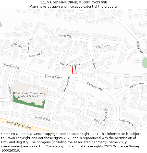 11, MAIDENHAIR DRIVE, RUGBY, CV23 0SE: Location map and indicative extent of plot