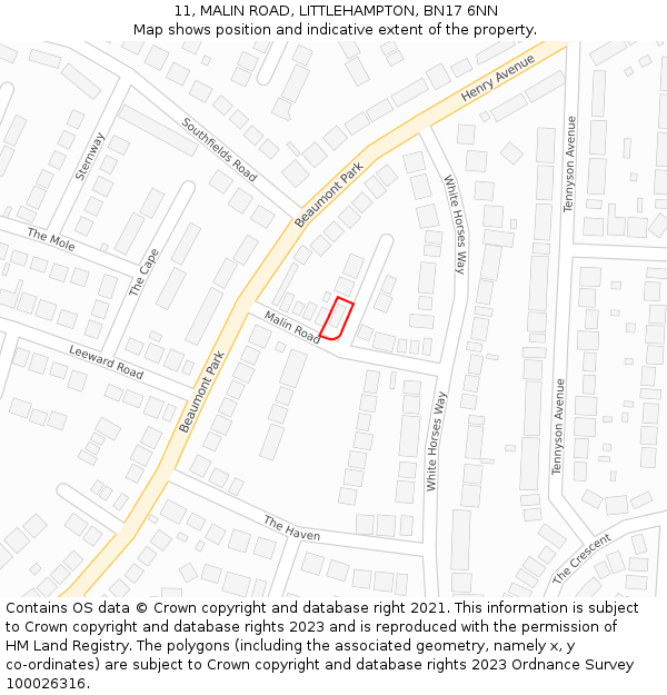 11, MALIN ROAD, LITTLEHAMPTON, BN17 6NN: Location map and indicative extent of plot